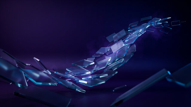 Abstract composition of floating transparent glass rectangles with blue and purple neon light reflections on dark background