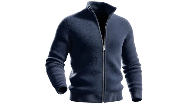 Navy knitted men's zippered sweater isolated with real transparent background for winter fashion
