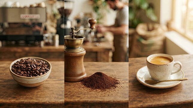 Professional Coffee Making Process Collage with Roasted Beans, Manual Grinder and Fresh Espresso Cup