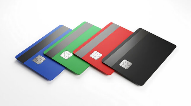 A collection of colorful credit cards arranged in a row on a white background