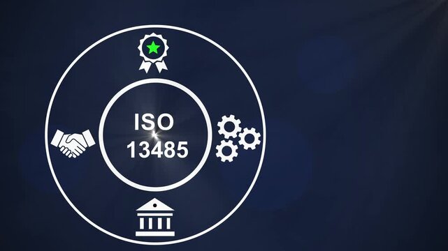Iso 13485 medical device management system certification concept featuring animated for healthcare compliance, regulatory standards, industrial manufacturing, and corporate integrity