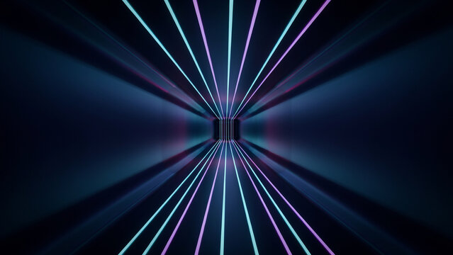 Abstract tunnel with glowing cyan and purple neon laser light lines, dark perspective corridor with futuristic light rays