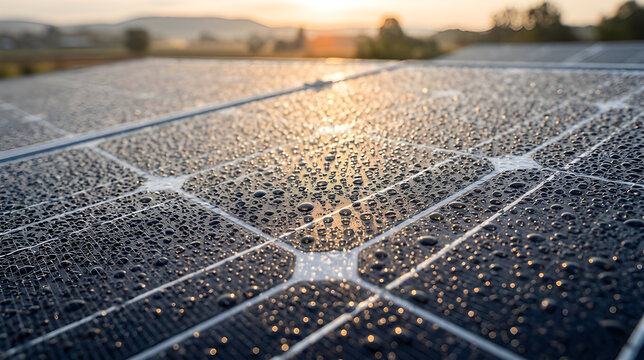 Solar panel array reflecting sunlight during golden hour for renewable energy project documentation