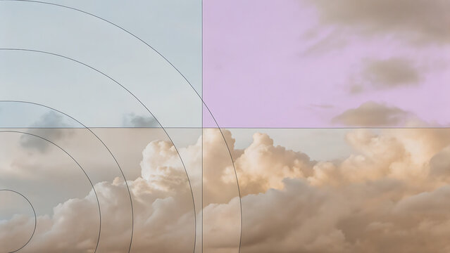 Four quadrant grid illustration featuring soft cloud textures and golden spiral lines for minimalist presentation slide.