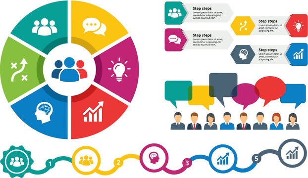 Infographic collection includes colorful charts, step arrows, speech bubbles, and timeline process elements.