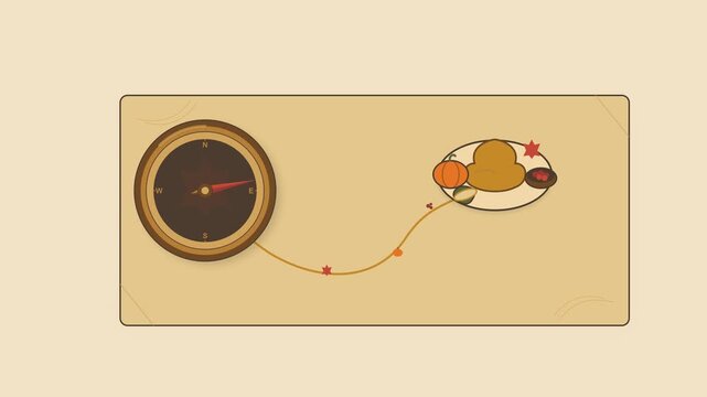 Premium flat vector animation of a brass compass finding a Thanksgiving dinner destination on a treasure map, with autumn harvest elements, maple leaves and seasonal Canadian holiday symbolism.