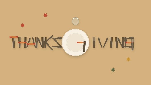 Premium flat vector animation where a Thanksgiving place setting writes and constructs the word Thanksgiving using a plate, fork, knife, spoon, glass and napkin, creating an elegant seasonal holiday c
