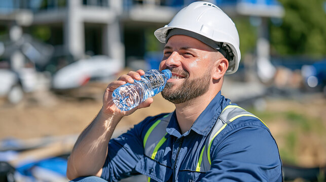 Close up of construction worker drinking fresh bottled water during a hot summer workday, dusty building site softly blurred behind, protective helmet and safety clothing, bright harsh sunlight, swe