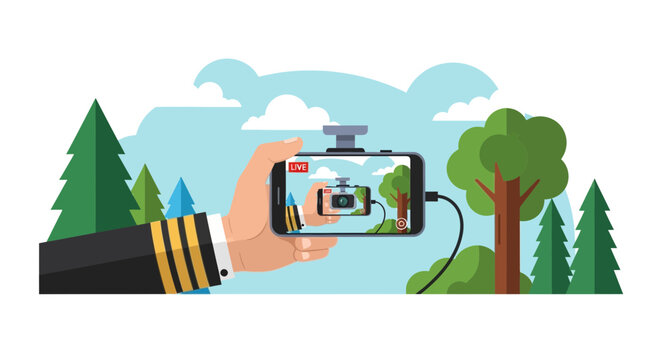 Flat Vector Illustration of Smartphone Recording Live Forest Video with Droste Effect