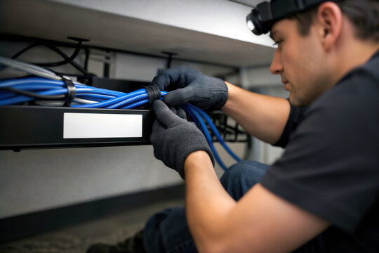 Network technician organizing blue ethernet cables under desk.
