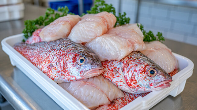 Fresh cod and haddock arranged neatly inside white plastic fish boxes in a professional seafood processing facility, stainless steel tables, clean tiled walls, food safety and industrial production 