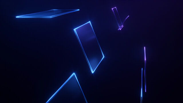 Floating geometric glass rectangles with glowing blue and purple neon edges against a dark black background space