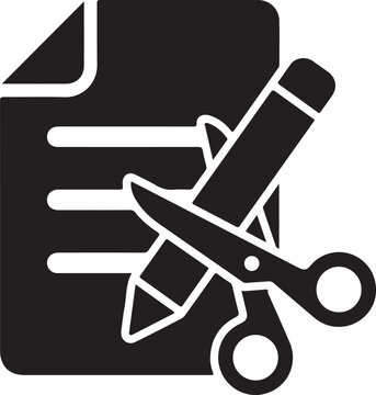 Vector icon of a document being edited with scissors and a pencil, representing content trimming, text revision, or document modification in a minimalist style
