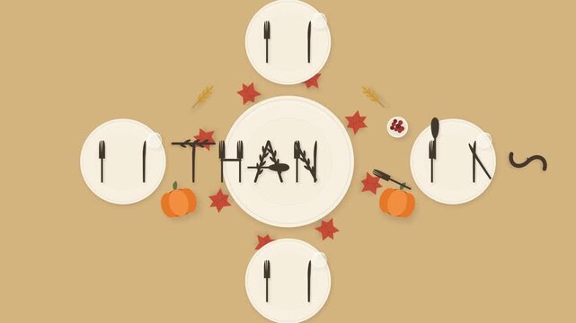 Premium flat vector animation where autumn harvest elements assemble into THANKS typography at the center of an elegant Thanksgiving table setting, designed for Canadian Thanksgiving greetings, season