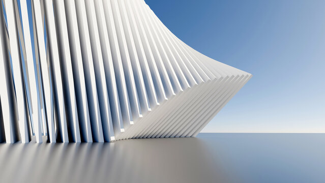 3D modern abstract white parametric architecture structure against clear blue sky. Perfect for architectural presentation banners, corporate headers, UI backgrounds, and real estate designs