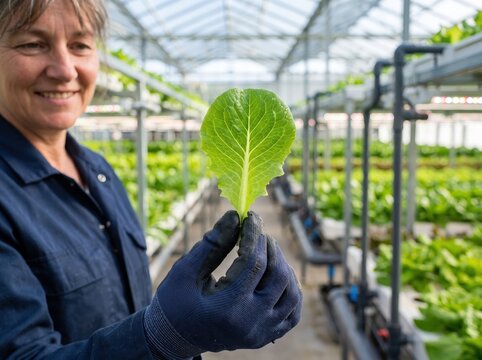 Woman in Greenhouse Holding Fresh Green Lettuce Leaf with Hydroponic Background