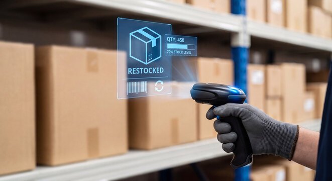 clerk holds glowing inventory stock hologram with box icon above scanner to verify item quantity, confirm warehouse restock, manage retail supply tracking system