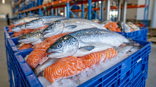 Plastic fish boxes filled with whole salmon and trout stacked inside a large refrigerated warehouse, organized cold storage shelves, frosty atmosphere, clean logistics facility, bright realistic lig