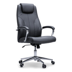 Obraz premium Black leather executive office chair with ergonomic design chrome accents and caster wheels.