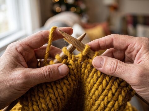Close-Up of Hands Working on Cozy Yellow Knitting Project with Wooden Needles in Soft Light