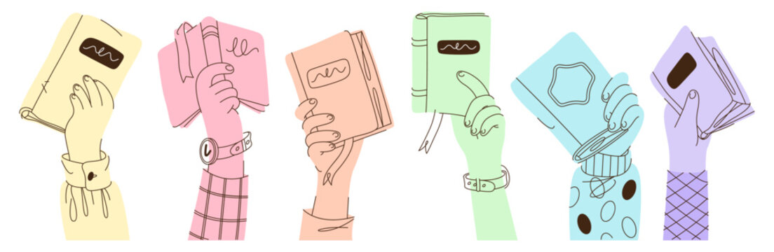 Doodle hands with books. Expressive symbol of reading, education and discovery. Outline characters with textbooks. Vector academic artwork for school advertising, children learning or literacy program