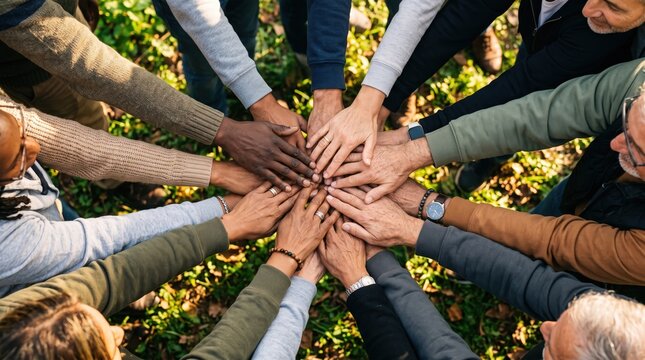 Diverse Group of People Collaboratively Joining Hands in Nature Circle of Unity and Support