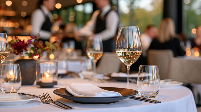 Side angle view of a reserved table sign on a beautifully prepared table inside a sophisticated busy restaurant, formal place settings, elegant tableware and soft candlelight, waiters serving custom