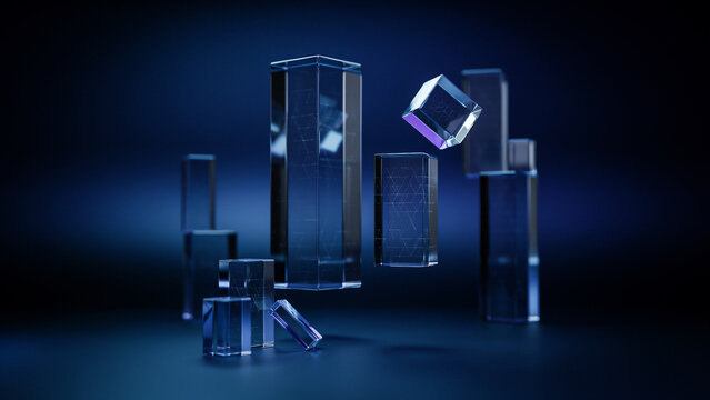 Floating transparent glass cubes and rectangular prisms in a dark blue space with soft lighting and reflections