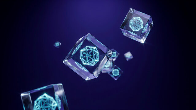 Floating transparent glass cubes containing glowing blue geometric wireframe structures on a dark purple background