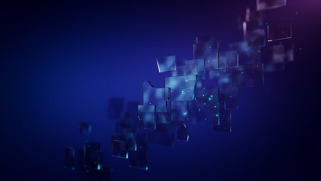 Floating transparent glass rectangular plates with soft blue light and particles on a dark purple background