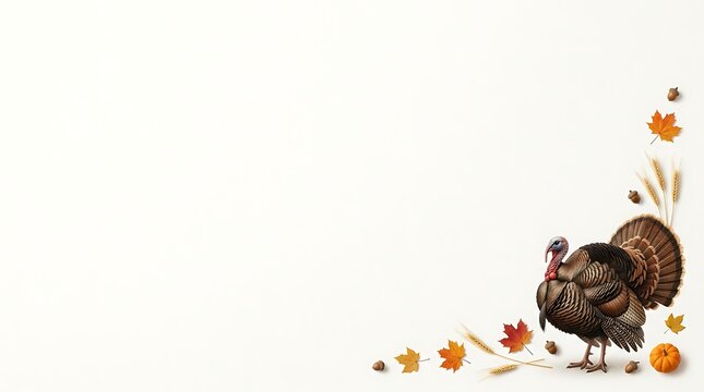 Thanksgiving turkey standing near autumn leaves and wheat on white background