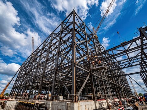 Construction of a Modern Industrial Building with Steel Framework Under Bright Blue Sky