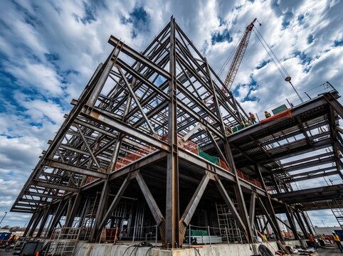 Steel Structure Under Construction with Workers and Crane Against Dramatic Cloudy Sky