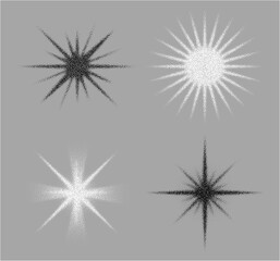 Fototapeta premium Dynamic starburst with grain texture in monochrome style. Radiating starburst patterns with subtle noise effects. Vector linear rays set. Retro print characteristics and abstract graphic elements