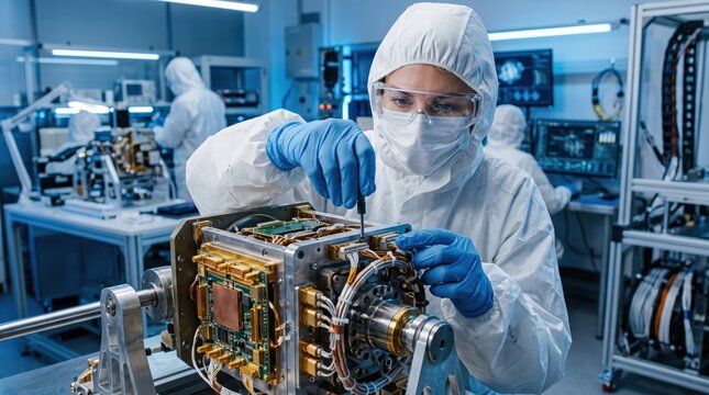 Scientist in Protective Gear Assembling High-Tech Equipment in Modern Laboratory Environment