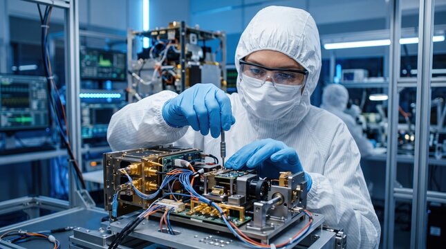 Technician in Protective Gear Assembling Advanced Electronic Equipment in Laboratory Environment