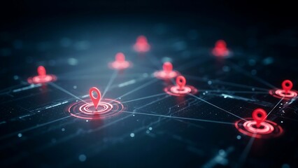 Fototapeta premium Title: Network Pins Display a Connected Digital Map with Glowing Red Markers. Abstract Technology Concept with Data Points and Lines.