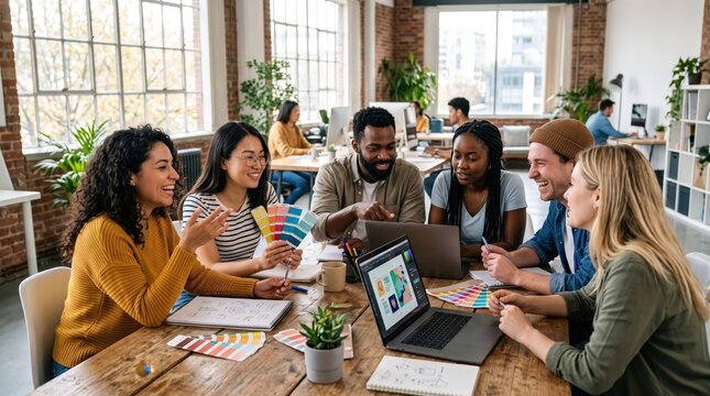 Diverse Team of Creative Professionals Collaborating in Modern Office Setting with Color Swatches
