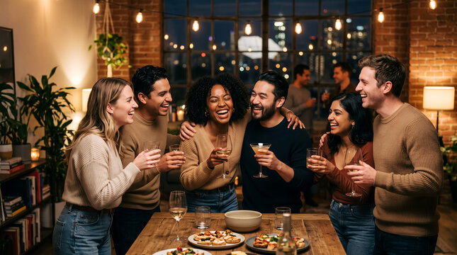 Diverse group of young friends laughing and celebrating together at a cozy evening gathering with food and drinks