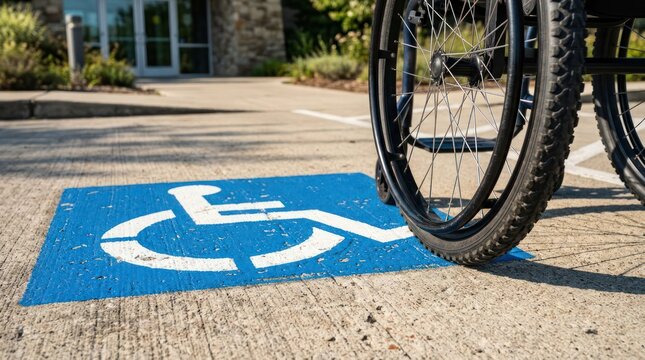 Wheelchair Accessible Parking Space with Symbol and Wheel Close Up.
