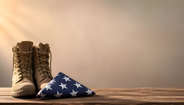 Military boots and a folded american flag on a rustic wooden table honoring veterans with veteran tribute
