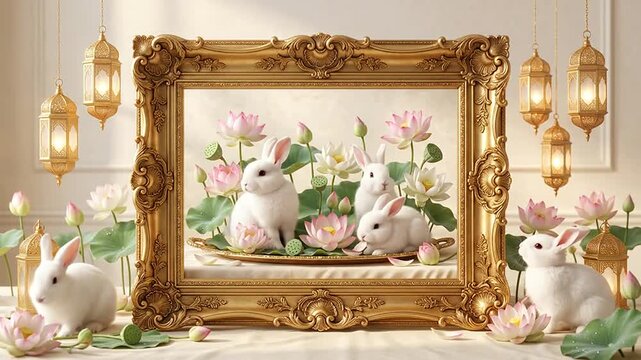 White Rabbits Sitting with Lotus Flowers inside an Ornate Gold Frame
