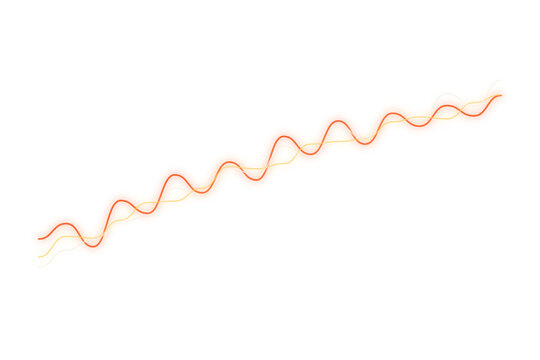 Abstract glowing orange sine wave line showing upward growth and fluctuation, isolated on transparent background for modern infographic design.