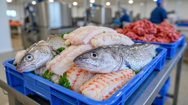 Assorted fresh fish including cod, haddock and pollock packed in plastic boxes inside a modern fish processing plant, stainless steel equipment, hygienic production area, workers blurred in backgrou