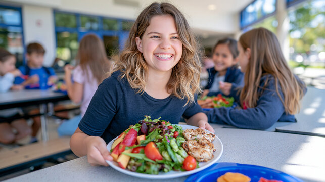 Group of cheerful elementary schoolgirls enjoying a nutritious lunch together at a cafeteria table, fresh fruit, salads and healthy snacks, laughing and talking with friends, diverse children eating