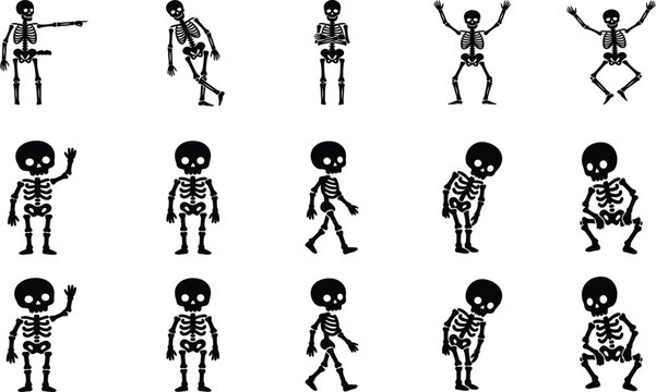 Black and white skeleton characters dancing and posing in various fun and playful positions