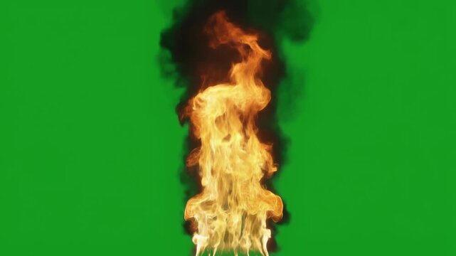 Fire flame with black smoke isolated on green screen chroma key background