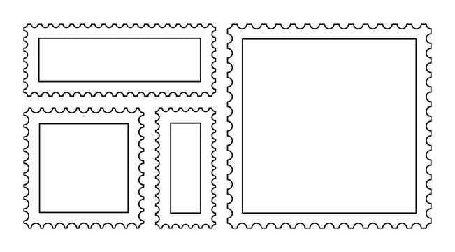 Set of black outline postage stamp shapes with various serrated edges on white background