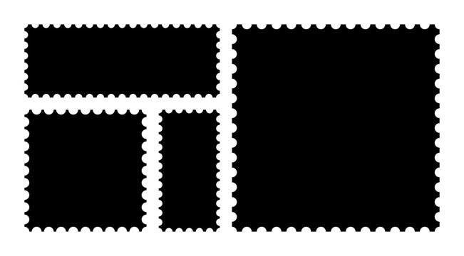 Black postage stamp silhouettes arranged in a fragmented rectangular pattern scalloped
