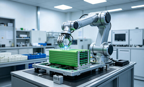 AI Robotic Arm Precision Assembling Green Hydrogen Fuel Cell Stack in Clean Sterile Advanced Manufacturing Workshop, Soft Industrial Lighting, High-End New Energy Production Commercial Shot